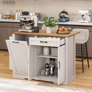 Moasis Rolling Kitchen Island With Trash Can Storage Cabinet  |  Kitchen Carts Kitchen Furniture Black, White