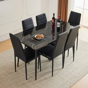 Modern 7-piece Dining Set Wood Top, Steel Dining Table and Upholstery Chairs Set of 6  |  Kitchen and Dining Sets Kitchen & Dining Sets Black, Grey