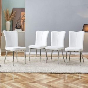 Modern dining chairs 4-piece set of white PU seats with silver metal legs  |  Kitchen and Dining Chairs Kitchen & Dining Chairs Black, Grey, White