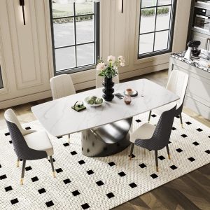 Modern Dining Table with Rectangular Sintered Stone Tabletop, Carbon Steel Leg, Minimalist Kitchen Dining Room Table  |  Kitchen and Dining Tables Kitchen & Dining Tables Black, White