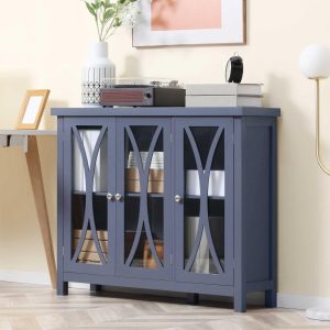 Modern Kitchen Sideboard, Buffet Cabinet with 2 Storage Cupboard, Glass Doors  |  Pantry Cabinets Kitchen Furniture Grey, White