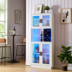 Modern LED Wine Bar Cabinets with Wine Rack, Wine Bottle Rack, Storage Cabinet for Kitchen, Dining Room, White  |  Wine Racks Kitchen Storage White