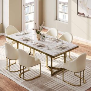 Modern Marble Dining Table with White Rectangular Tabletop Gold Stainless Legs, Dining Room Table  |  Kitchen and Dining Tables Kitchen & Dining Tables Beige, Gold, White