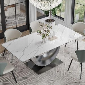 Modern Minimalist White Dining Table with Rectangular Sintered Stone Tabletop, Titanium Table Legs，Carbon Steel Base  |  Kitchen and Dining Tables Kitchen & Dining Tables Black, White