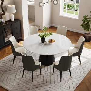 Modern Round White Dining Table, Matte Sintered Stone Tabletop, Solid Black Carbon Steel Base  |  Kitchen and Dining Tables Kitchen & Dining Tables Kitchen & Dining Tables