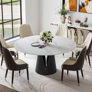 Modern Round White Dining Table，Sintered Stone Tabletop, Solid Black Carbon Steel Base  |  Kitchen and Dining Tables Kitchen & Dining Tables Black, Grey, White