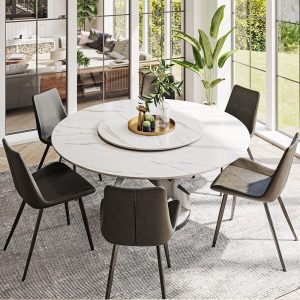 Modern Round White Glossy Dining Table with Sintered Stone Tabletop and Black X Carbon Steel Base  |  Kitchen and Dining Tables Kitchen & Dining Tables Black, Grey, White