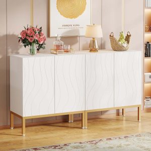 Modern Sideboad Cabinet with 4 Doors, 59 Inch Buffet Cabinet Accent Cabinet, white and Gold  |  Pantry Cabinets Kitchen Furniture Pantry Cabinets