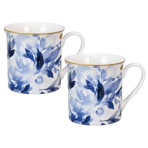 Moonlight Bone China Coffe Tea Mug Set of 2  |  Mugs Dinnerware Blue, Gold