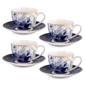 Moonlight Bone China Cup & Saucer Set of 4  |  Cups Cups Blue, Gold