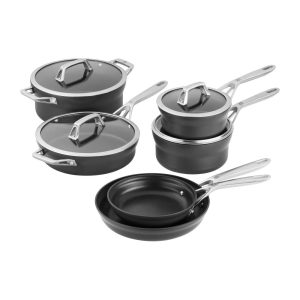 Motion Nonstick Hard-Anodized 10-Piece Cookware Set in Grey, Dutch Oven, Fry pan, Saucepan – 10-pc  |  Cookware Sets Cookware Sets Black