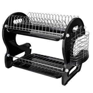 Multifunctional Dual Layers Bowls Collection Shelf Dish Drainer  |  Pantry Organizer Kitchen Storage Black