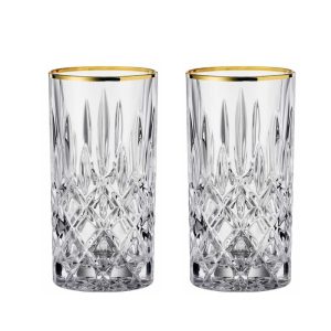 Nachtmann Set of 2 Noblesse Gold Collection Long Drink Glasses – 13.22 oz.  |  Drinking Glasses Dinnerware Clear, Gold