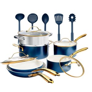 Natural Collection 15-Piece Ultra Performance Ceramic Nonstick Cookware Set in Navy with Gold Handles  |  Cookware Sets Cookware Sets Cookware Sets