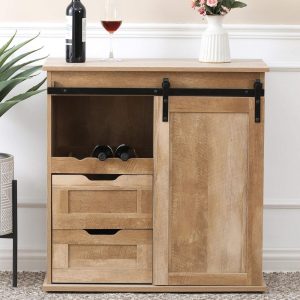 Natural Oak Finish Manufactured Wood Wine and Storage Cabinet  |  Home Bars Home Bars Brown