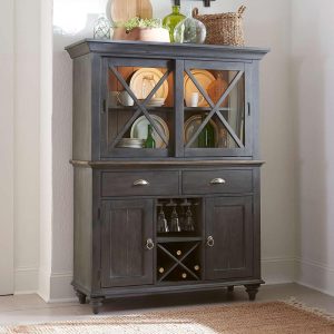 Ocean Isle Slate and Weathered Pine Hutch & Buffet  |  Wine Racks Kitchen Storage Brown, Grey