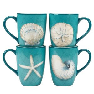 Ocean View Set of 4 Mugs  |  Mugs Dinnerware Blue, Off-White