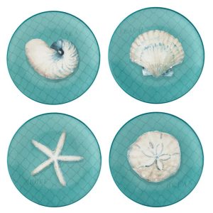 Ocean View Set of 4 Salad Plates – 9″ Diam x 1″  |  Plates Dinnerware Blue, Brown, Off-White