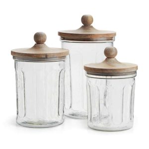 Olive Hill Glass and Mango Wood Canisters Set of 3  |  Kitchen Canisters Kitchen Canisters Clear