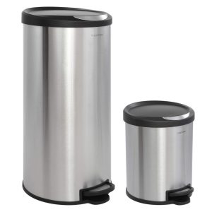 Oscar Round 8-Gallon Step-Open Trash Can with FREE Mini Trash Can, Stainless Steel/Black  |  Kitchen Trash Cans Kitchen Storage Black, Silver