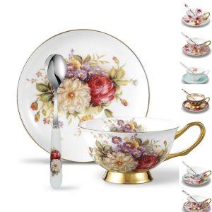 Panbado Bone China Floral Decals Tea Cup with Saucer Spoon  |  Cups Cups Cups