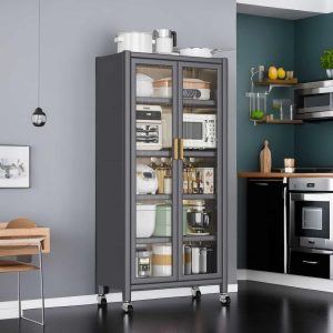 Pantry Cabinet with 2 Doors and Wheels, Kitchen Storage Cabinets with 5 Tier Shelves, 360° Rolling Display  |  Pantry Cabinets Kitchen Furniture Grey, White