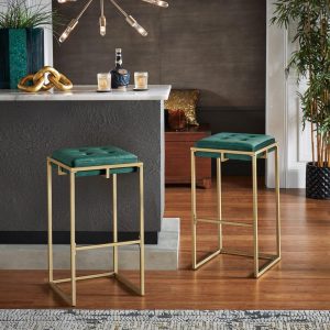 Perdita Gold Finish Velvet Button Tufted Bar Stools (Set of 2) by  Bold  |  Counter and Bar Stools Counter & Bar Stools Beige, Blue, Green