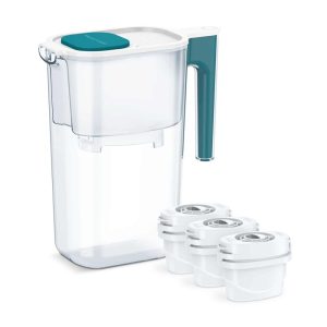 Perfect Pour Large 10 Cup Water Filter Pitcher by Aqua Optima, Reduces Microplastics, Ergonomic  |  Tea Kettle Coffee & Tea Blue