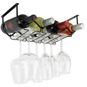 Piccola Under Cabinet Wine Bottle Holder and Stemware Rack  |  Wine Racks Kitchen Storage Black, Silver