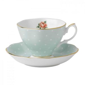 Polka Rose Teacup and Saucer Set  |  Cups Cups Blue, Multi, White