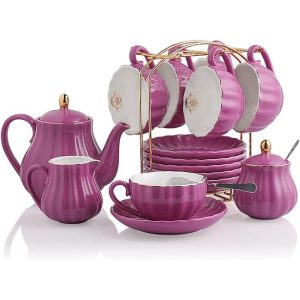 Porcelain Tea Sets British Royal Series, 8 OZ Cups and Saucer Service for 6  |  Serveware Dinnerware Green, Pink, Purple, Red, White