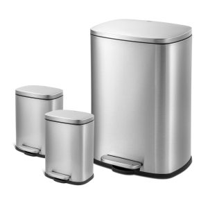 Qualiazero 13.2 GAL plus TWO 1.3 GAL Rectangular Step Can Trash Cans – Family Combo  |  Kitchen Trash Cans Kitchen Storage Black, Silver, White