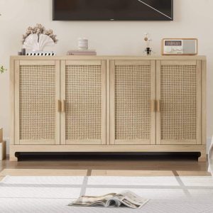 Rattan Buffet Storage Cabinet with 4 Doors and Shelf – N/A  |  Buffets and Sideboards Buffets & Sideboards Beige, White