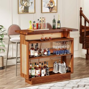 Rattan Home Bar Unit, Farmhouse 4-Tier Bar Table with 4 Stemware Racks  |  Bar Tables Bar Tables Bar Tables