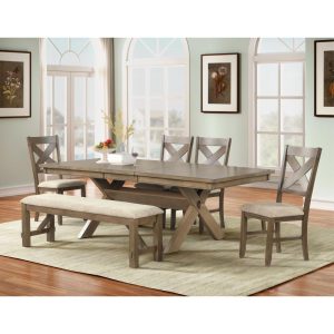 Raven Wood 6-Piece Dining Set, Dining Table with 4 Chairs and Bench, Glazed Pine Brown  |  Kitchen and Dining Sets Kitchen & Dining Sets Brown