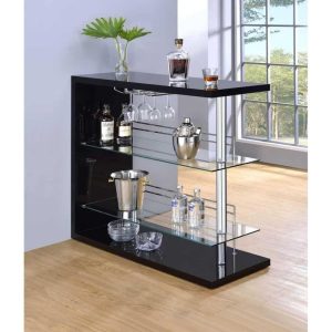 Rectangular 2-shelf Bar Unit with Wine Holder Glossy Black, Chrome and Clear  |  Home Bars Home Bars Black, Clear