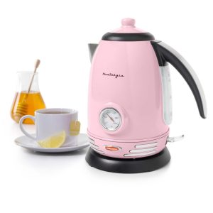 Retro 1.7-Liter Stainless Steel Electric Water Kettle with Strix Thermostat, Pink  |  Tea Kettle Coffee & Tea Pink