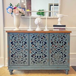 Retro Antique Hollow-Carved 3-door Storage Cabinet  |  Buffets and Sideboards Buffets & Sideboards Blue, White