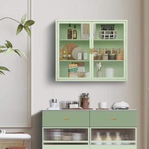 Retro Style Glass Door Wall Cabinet  |  Pantry Cabinets Kitchen Furniture Black, Green, Grey, White