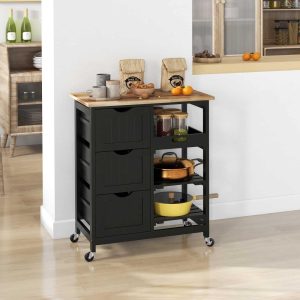 Rolling Kitchen Island Cart, Bar Serving Cart, Compact Trolley on Wheels with Wood Top, Shelves & Drawers for Home Dining  |  Kitchen Carts Kitchen Carts Black, Grey, White