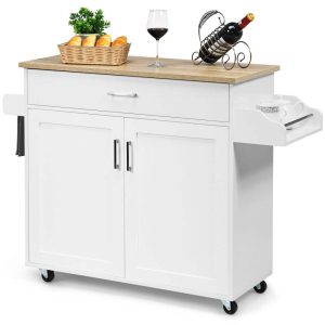 Rolling Kitchen Island Cart Storage Cabinet w/ Towel & Spice  |  Kitchen Carts Kitchen Carts Black, Brown, Grey, White