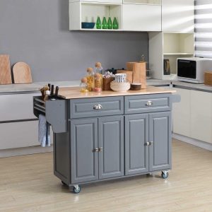 Rolling Kitchen Island on Wheels Utility Cart with Drop-Leaf and Rubber Wood Countertop, Storage Drawers, Dark Grey  |  Kitchen Carts Kitchen Carts Grey