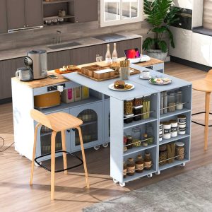 Rolling Kitchen Island With Extended Table,Kitchen island on Wheels with LED Lights,Power Outlets and Glass Doors  |  Kitchen Carts Kitchen Carts Blue, Grey, White