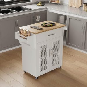 Rolling Rattan Kitchen Island with Storage Cabinet  |  Kitchen Carts Kitchen Carts Grey, White