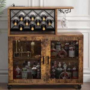 Rolling Sideboard Buffet Storage Bar Cabinet with Wine Rack/ Holder  |  Wine Racks Kitchen Storage Black, Brown