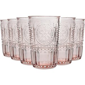 Romantic Glass Victorian Tumbler Set of 6  |  Drinking Glasses Dinnerware Blue, Clear, Green, Pink