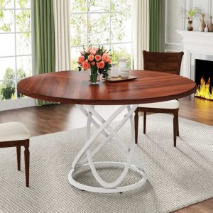 Round Dining Table for 4, 47 Inch Dinner Table Circle Kitchen Table with Metal Base  |  Kitchen and Dining Tables Kitchen & Dining Tables Brown, White