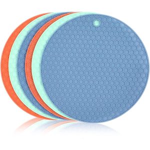 Round Silicone Trivets for Kitchen in Blue, Teal, Salmon (7 Inches, 6 Pack)  |  Serveware Dinnerware Multi