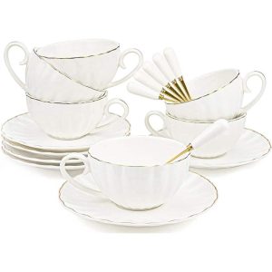 Royal Tea Cups and Saucers, 8 oz White Porcelain Tea Set  |  Cups Cups Cups