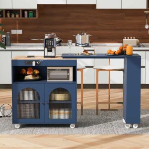 Rubberwood Kitchen Cart with Drop Leaf, Extended Table, 2 Fluted Glass Doors, LED Light and Power Outlet  |  Kitchen Carts Kitchen Carts Blue, White